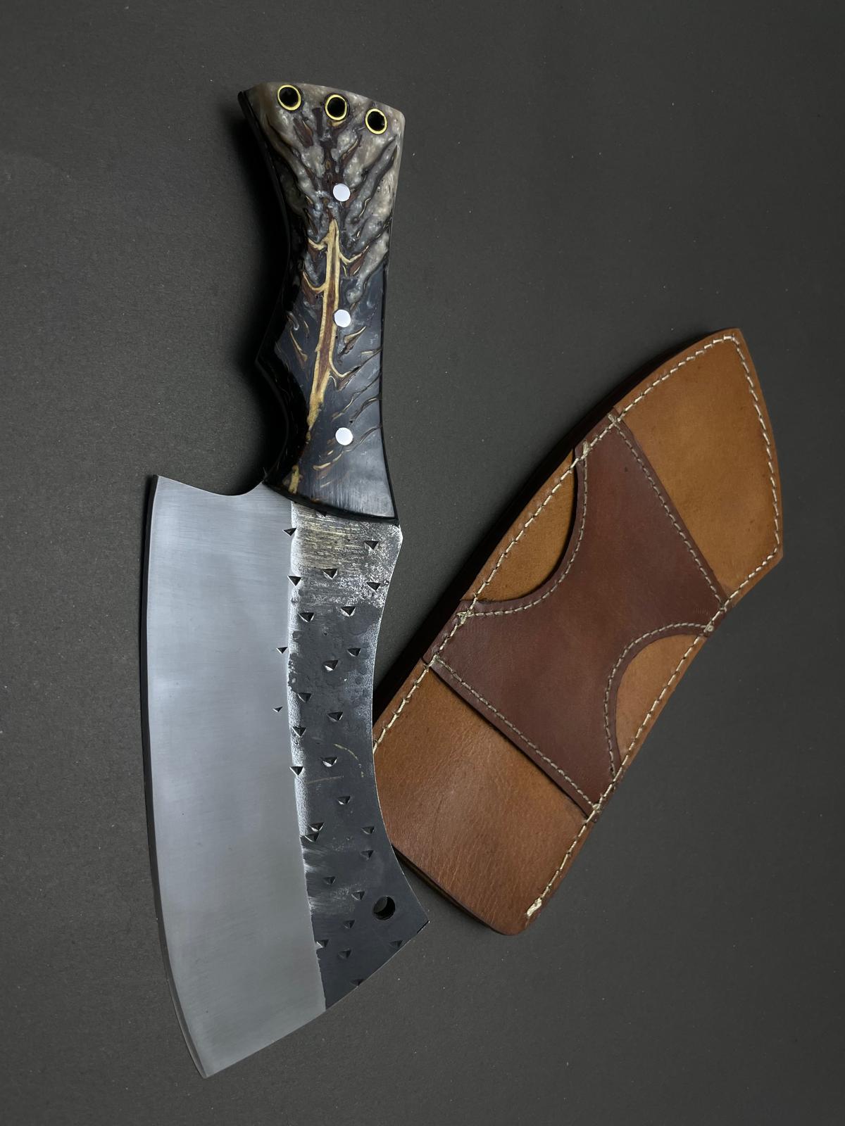 Hand Forged Cleaver Knife With Hand Stitched Leather Sheath