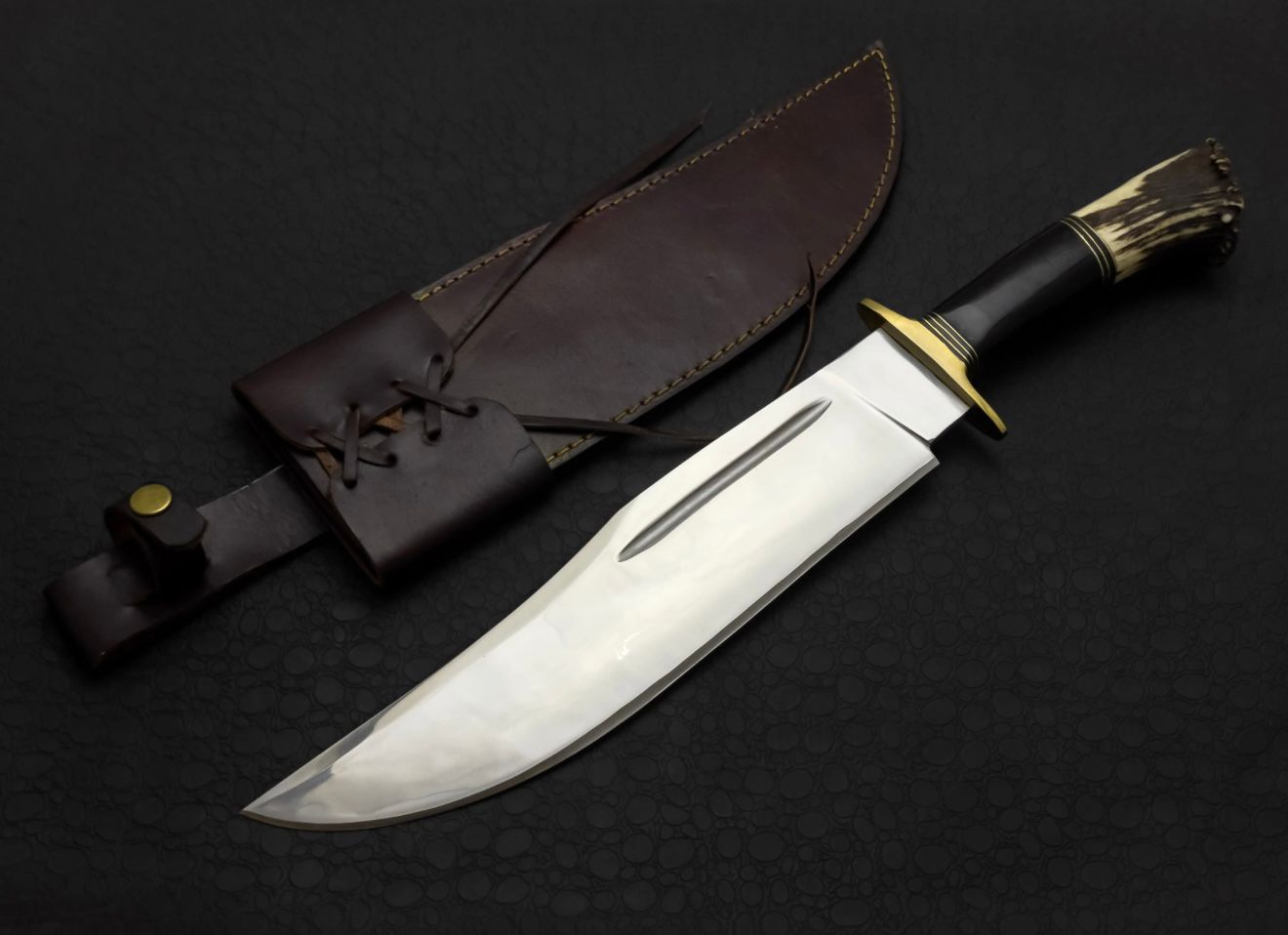 Custom Handmade High Polish Bowie Knife with Antler Handle